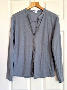 James Perse Slate Blue Button Front Split V-Neck Soft Lightweight Cotton Blouse